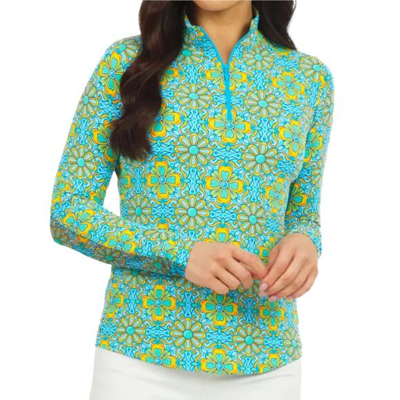IBKUL Scarlet Turquoise Floral Print Quarter Zip Long Sleeve Top - Picture 1 of 12